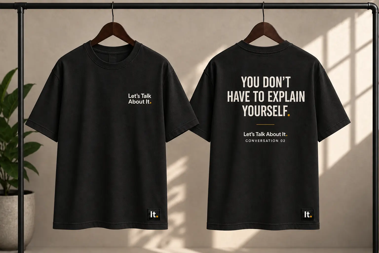Front and back mockup of the Conversation 02 black shirt