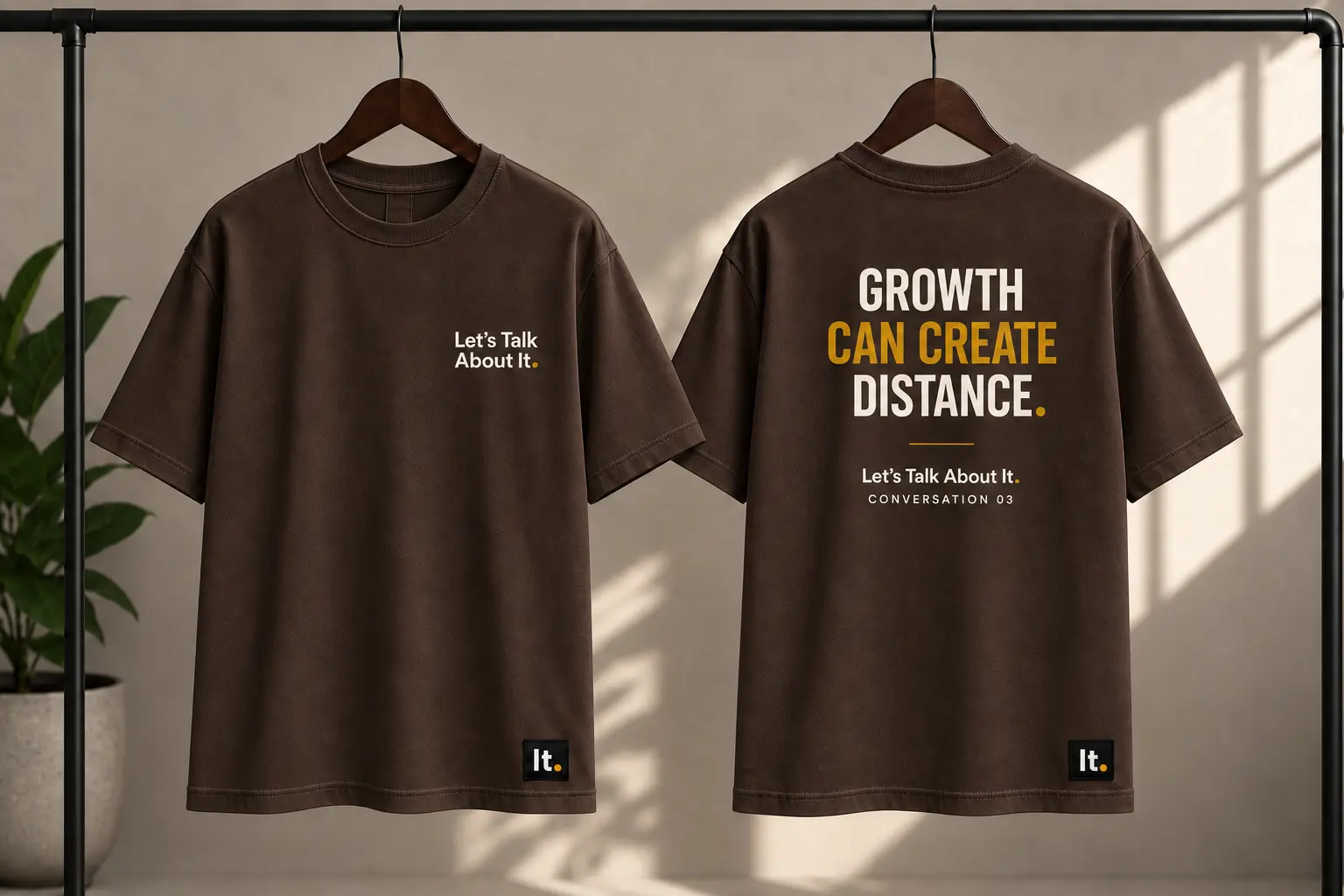 Front and back mockup of the Conversation 03 brown shirt